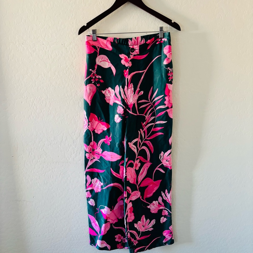 Anthropologie Floral Wide Leg Pants Size 4 Green Pink Tropical Print High Rise